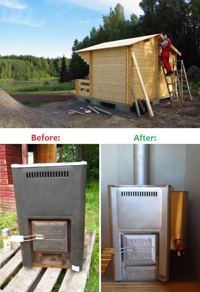 building an outdoor sauna and showing before and after pictures of a painted sauna heater