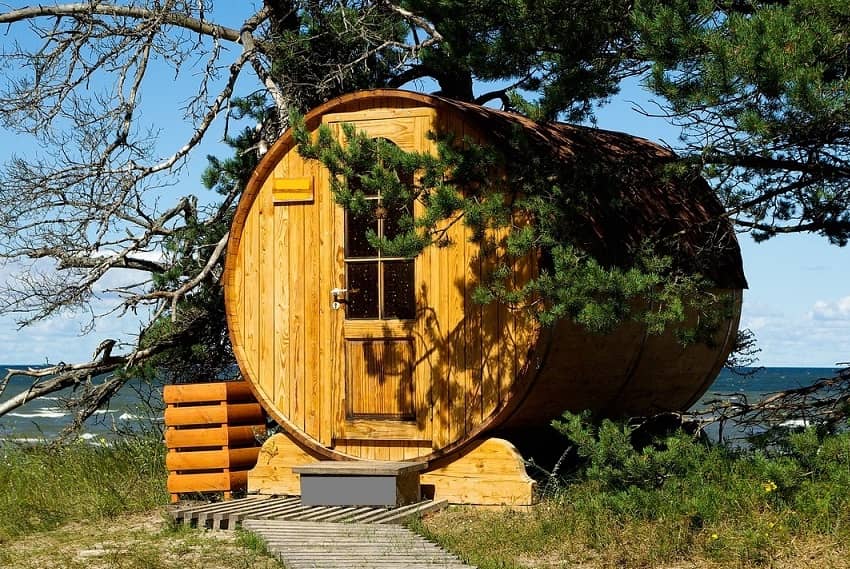 barrel sauna by the coast