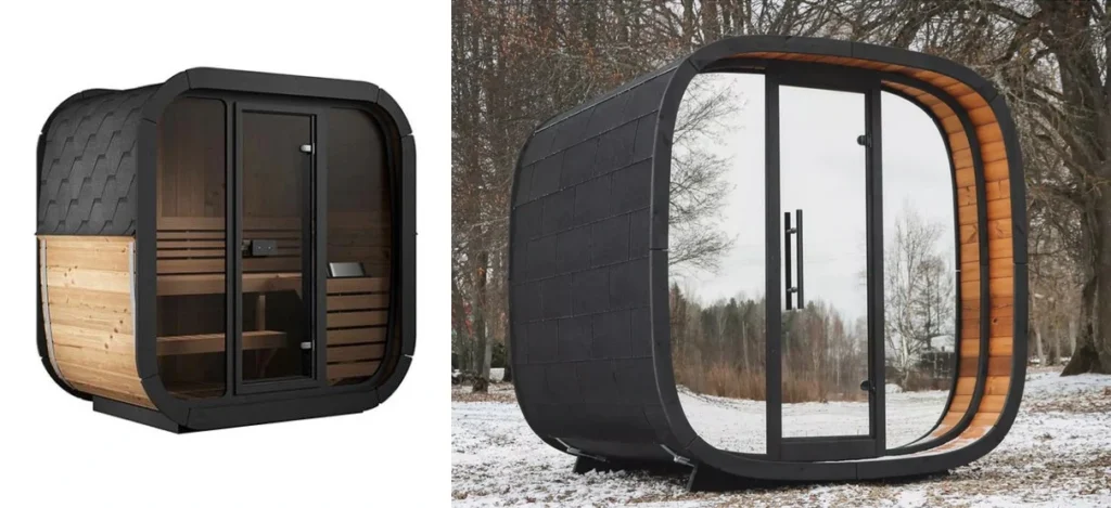 two cube saunas with different roofs