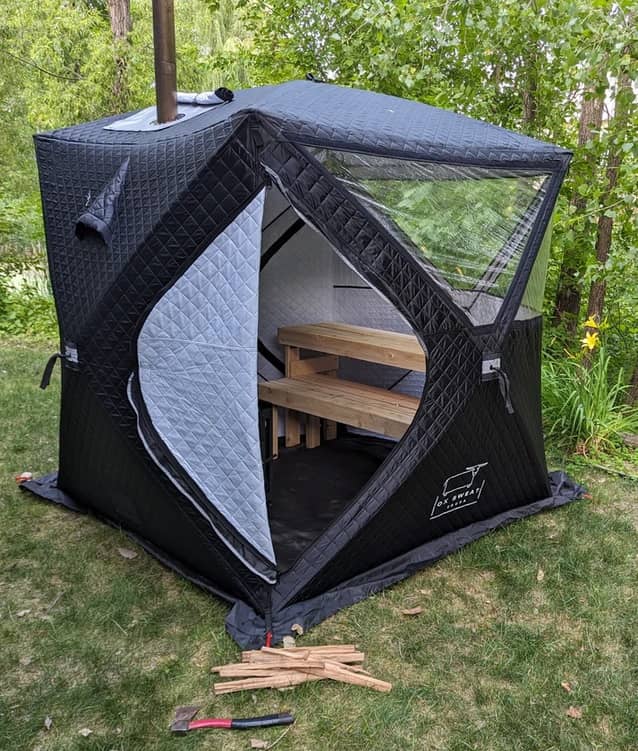 sauna tent with open door showing sauna benches