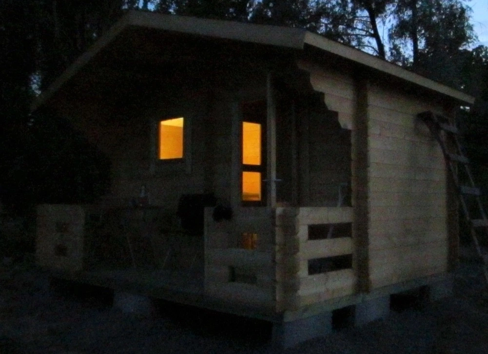 outdoor sauna with lights