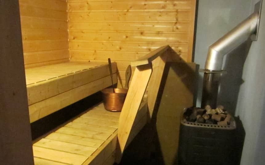 sauna stove and benches