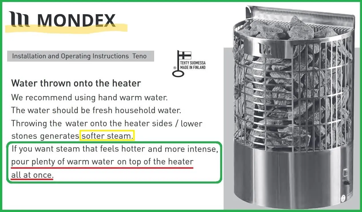 sauna heater instructions advising for plenty of water use