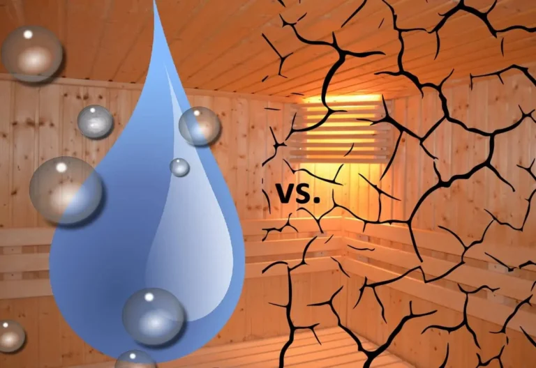 wet sauna vs. dry sauna illustrated with droplets and cracks