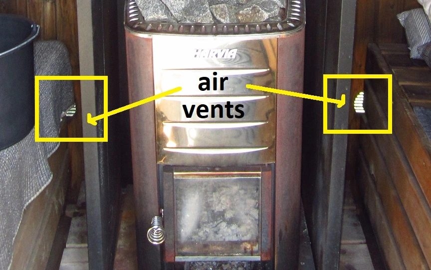 air vents shown behind wood-burning sauna stove