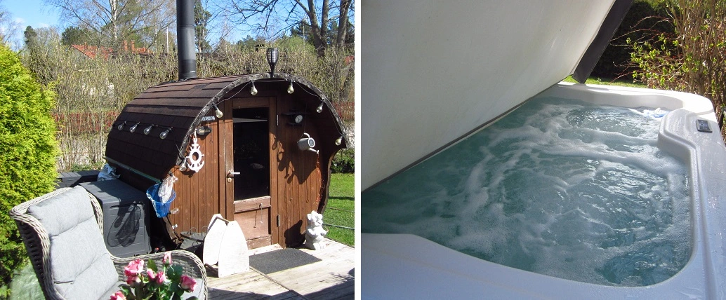 backyard with barrel sauna and hot tub