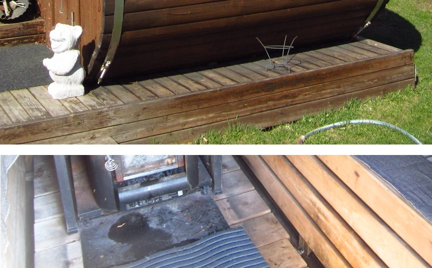 sauna floor from the inside and outside on a patio