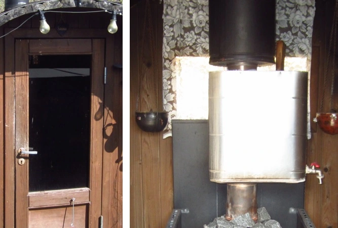 barrel sauna with windows on both ends