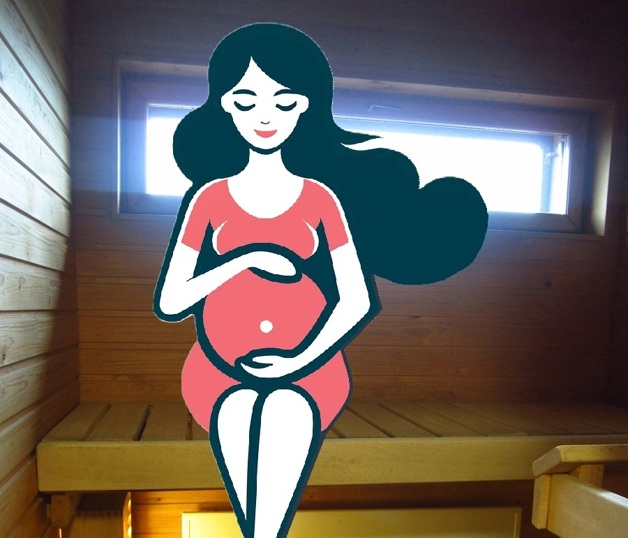 pregnant woman sitting on the highest sauna bench