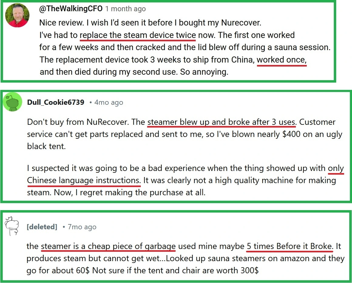 nurecover sauna reviews saying how quickly the steam generator broke