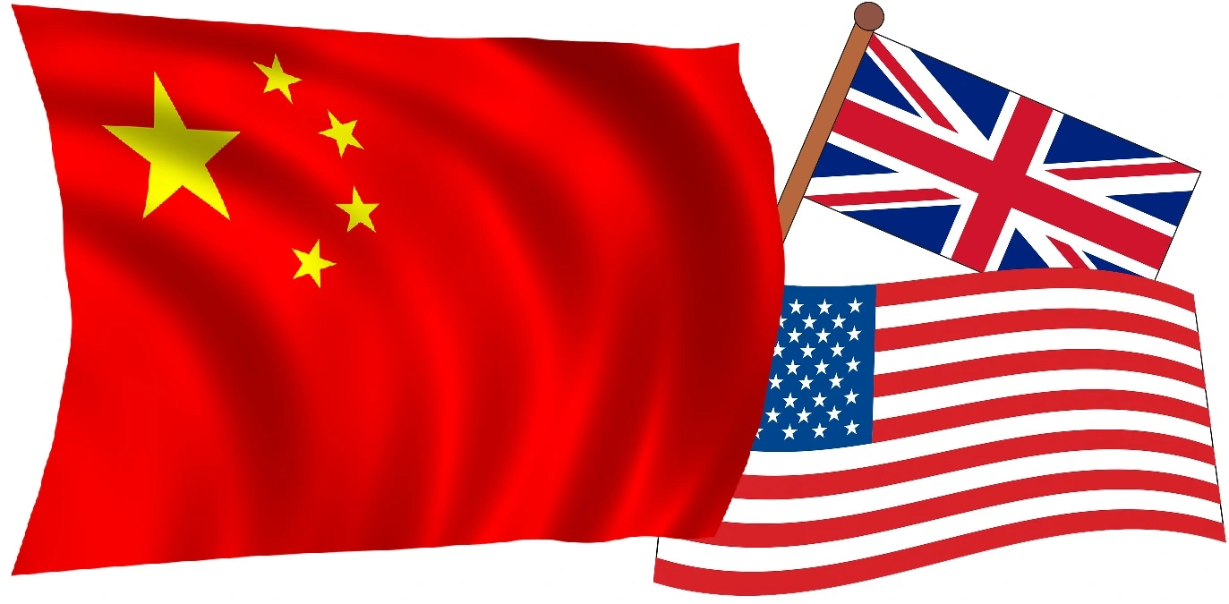 flags of China, UK, and US
