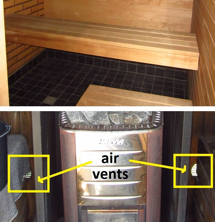tiled floor in an indoor sauna and ventilation in an outdoor sauna