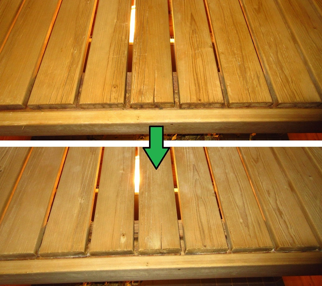 sauna bench before and after cleaning