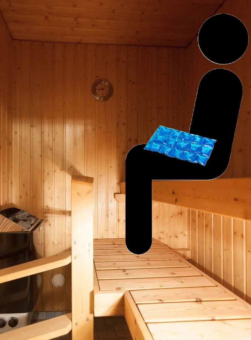 man sitting in a sauna with a cold pack on his groin