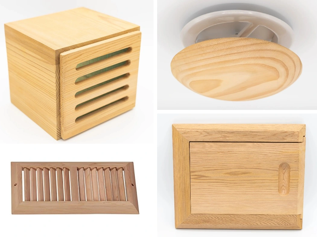 four wooden sauna vents