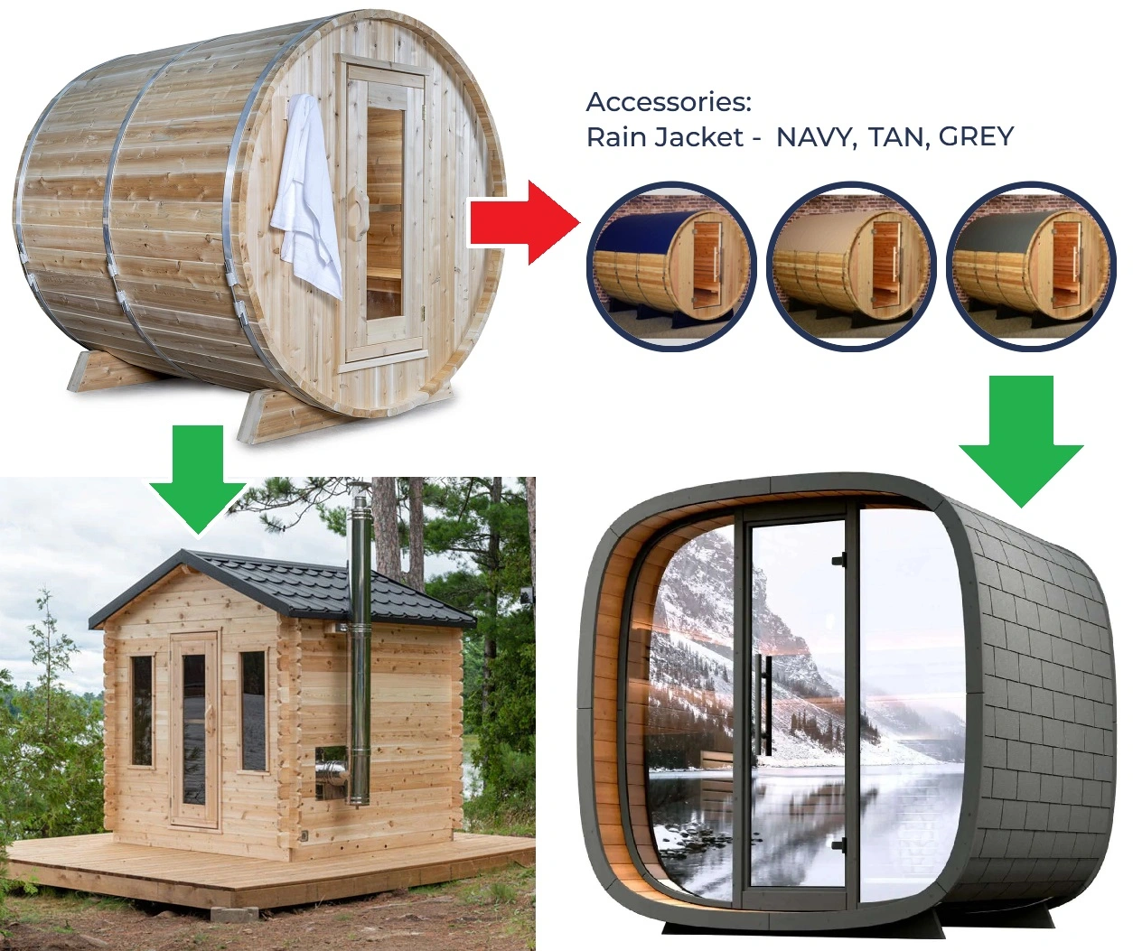 different roof solutions in outdoor sauna kits