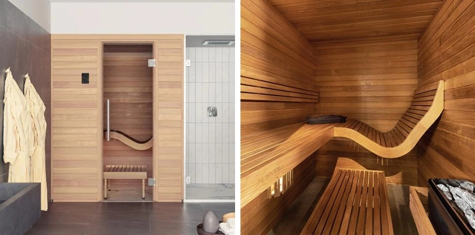 indoor sauna with ergonomic bench in the bathroom