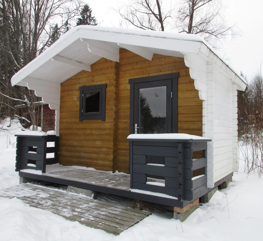 outdoor sauna pictured in snow