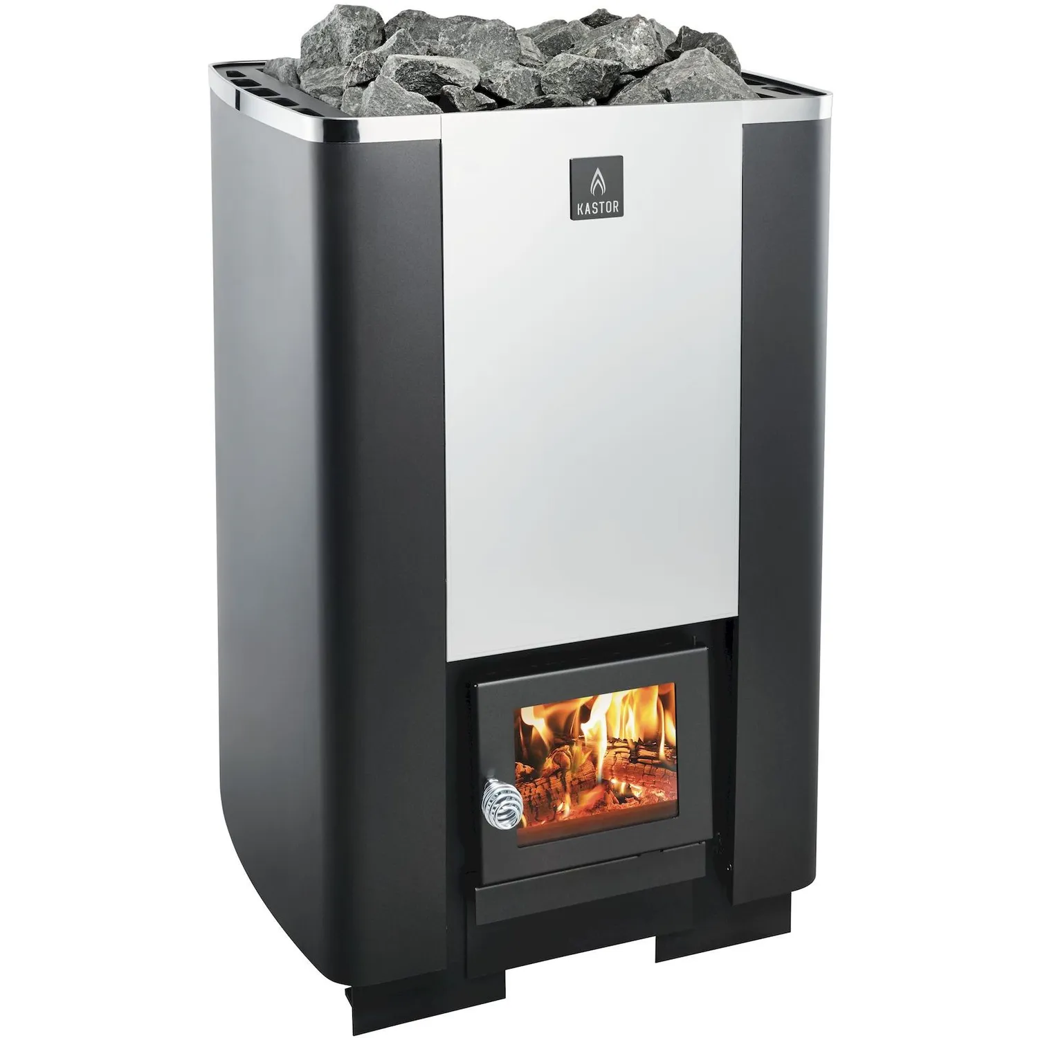Kastor Karhu wood-burning sauna heater, corner view