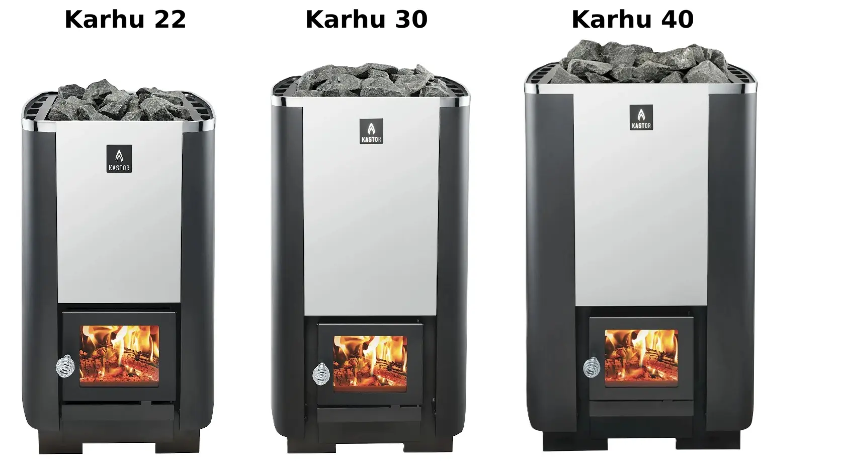 Kastor Karhu 22, 30 & 40 wood-burning sauna heater size comparison