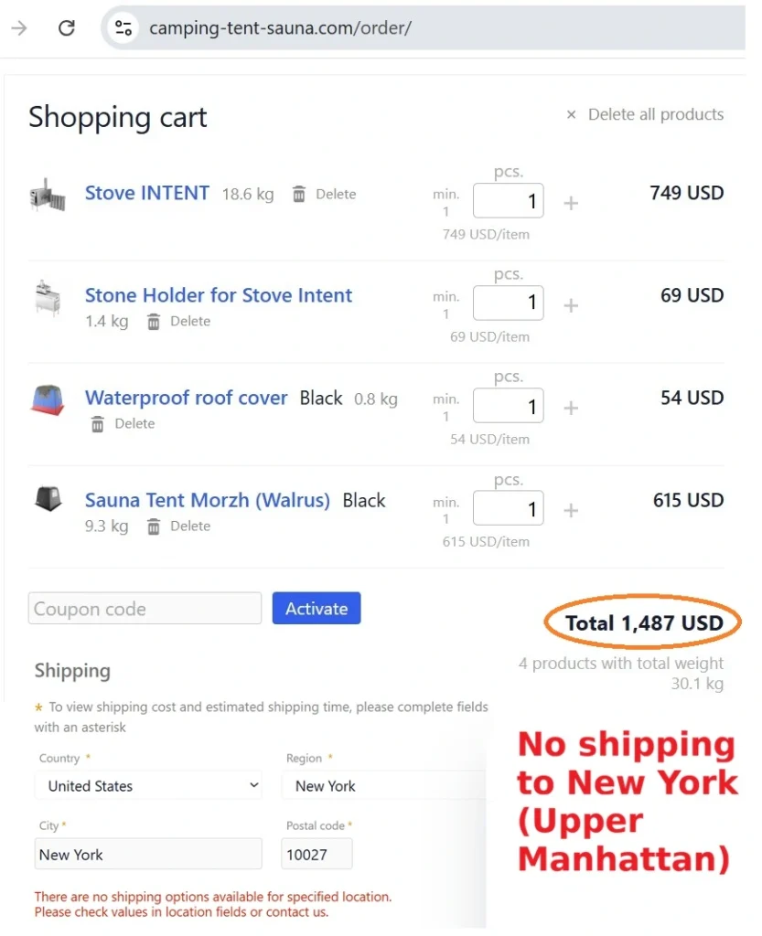 shopping cart items and failed shipping