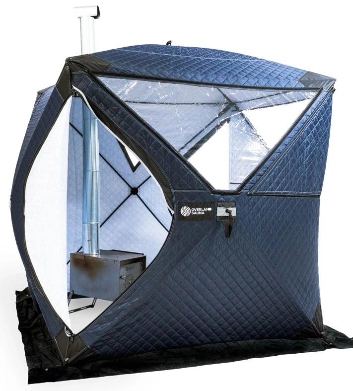 blue sauna tent with door open and featuring a stove with chimney pipe