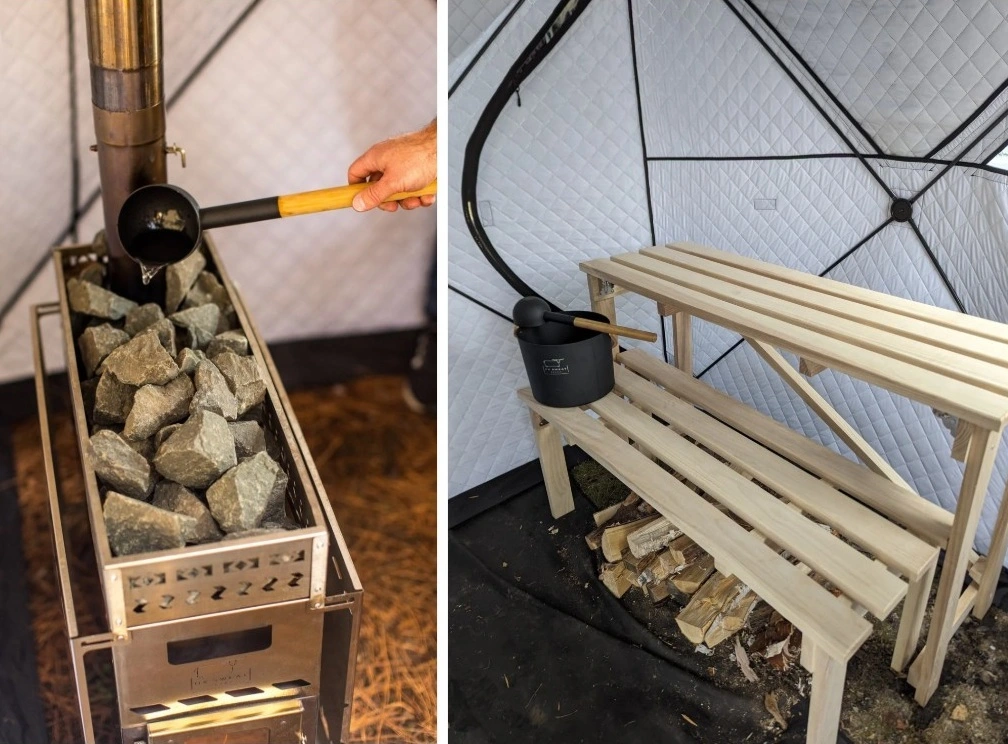 sauna rocks being poured water on and wooden sauna benches