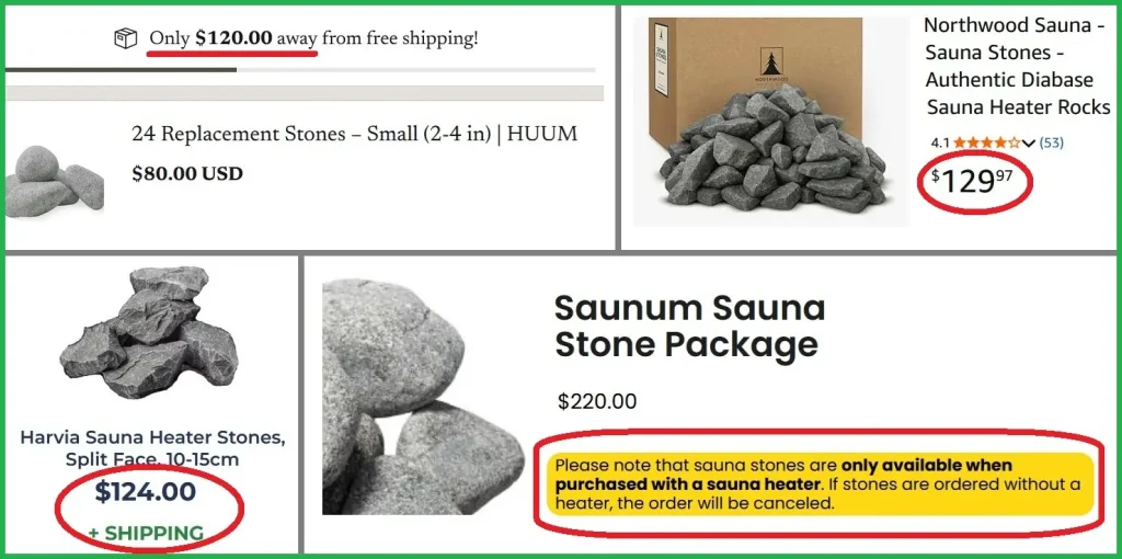 four sauna stone pricing and availability examples
