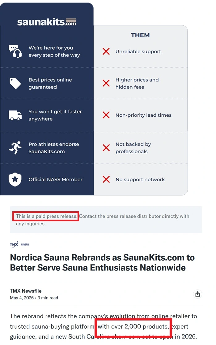 Nordica Sauna's claims and selling points