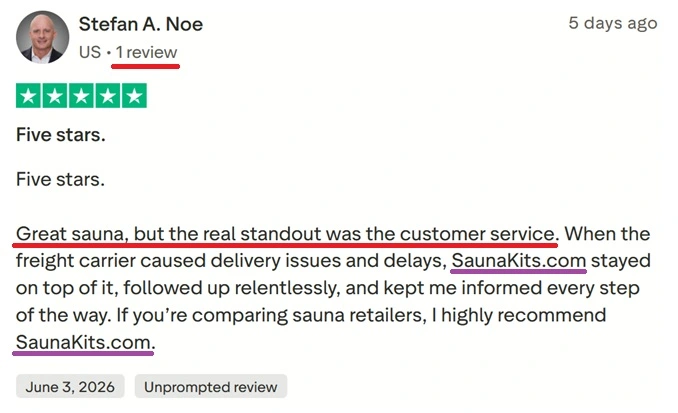 unbelievably fake review on SaunaKits.com's Trustpilot page