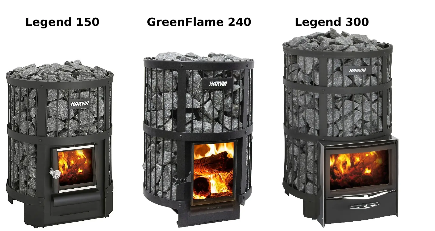 Harvia Legend wood-burning sauna heaters side by side for comparison