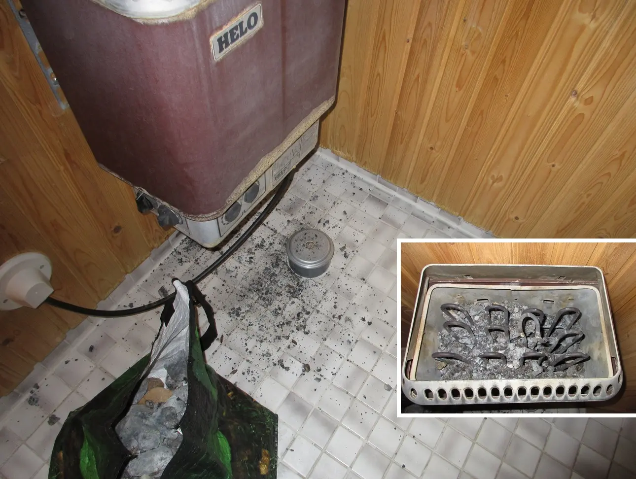 old Helo electric sauna heater after stone removal