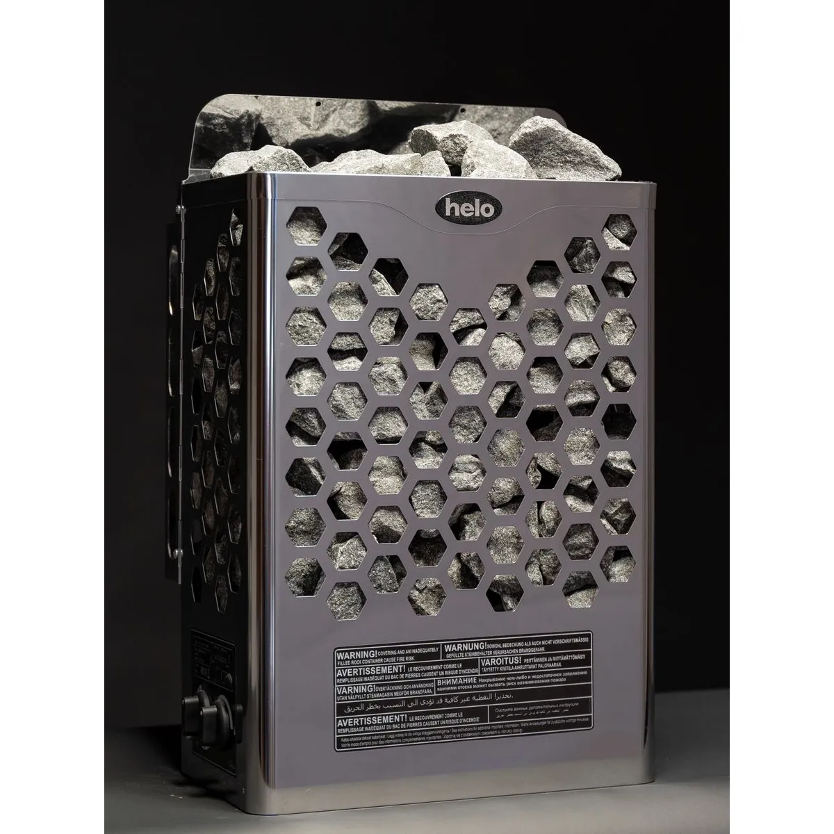 Helo Hanko electric sauna heater in chrome, corner view