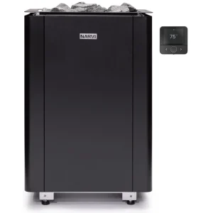 Narvi Ultra Small Flow electric sauna heater, available in sizes 6 kW and 9 kW in steel or black and with optional Wi-Fi