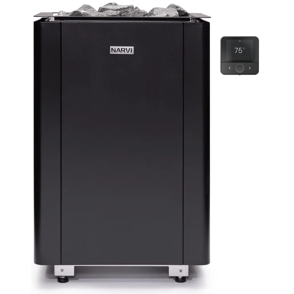 Narvi Ultra Small Flow electric sauna heater, available in sizes 6 kW and 9 kW in steel or black and with optional Wi-Fi