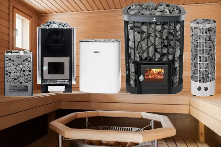 sauna heaters and sauna stoves sitting on sauna benches