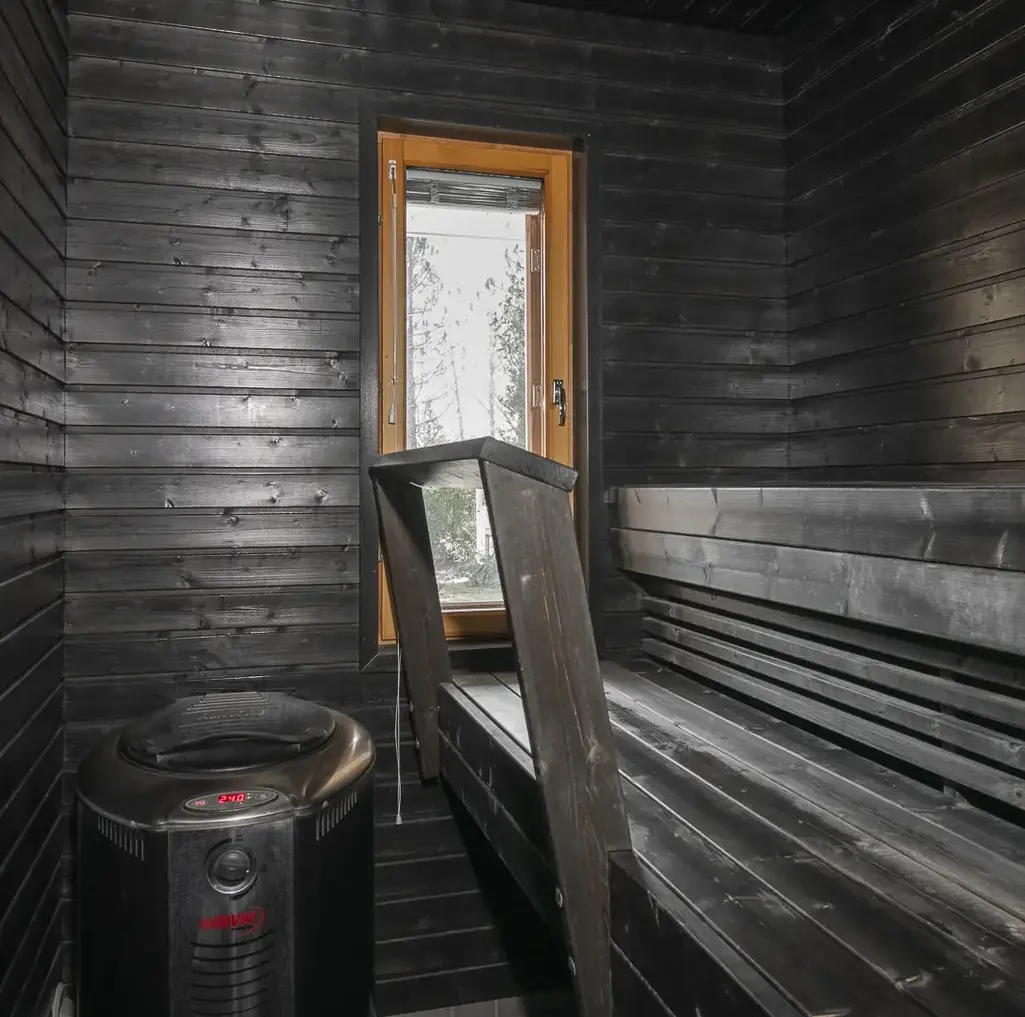 black Harvia Forte in a black sauna room